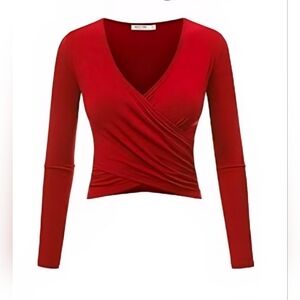 Red Deep V-neck, cross-wrap crop top Long Sleeve‎ Size Small